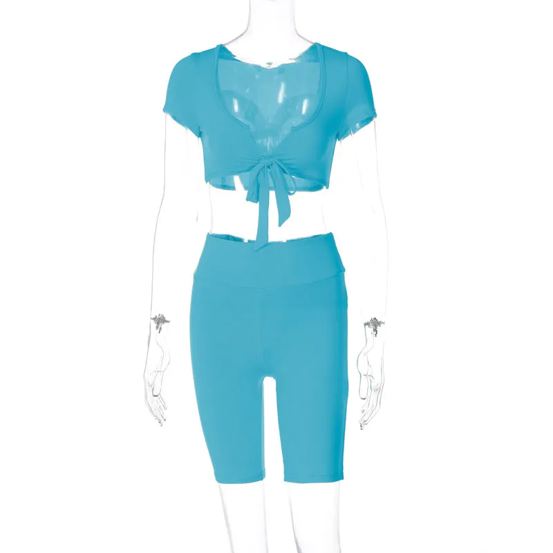 European And American-Style2023Summer Women's Clothing New Low Collar Short SleeveTT-shirt Slim-Fit Cropped Pants Two-Piece Set Fashion Casual Set