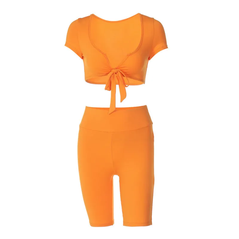 European And American-Style2023Summer Women's Clothing New Low Collar Short SleeveTT-shirt Slim-Fit Cropped Pants Two-Piece Set Fashion Casual Set