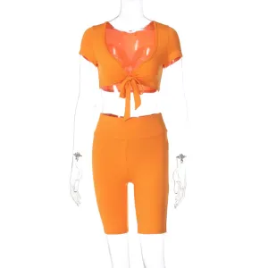 European And American-Style2023Summer Women's Clothing New Low Collar Short SleeveTT-shirt Slim-Fit Cropped Pants Two-Piece Set Fashion Casual Set