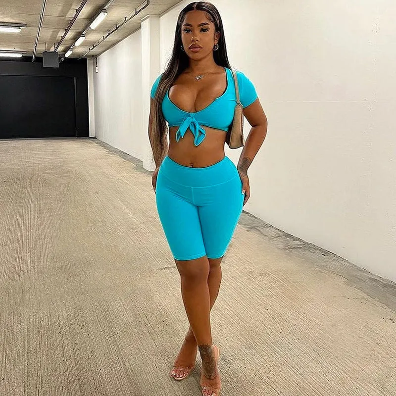 European And American-Style2023Summer Women's Clothing New Low Collar Short SleeveTT-shirt Slim-Fit Cropped Pants Two-Piece Set Fashion Casual Set