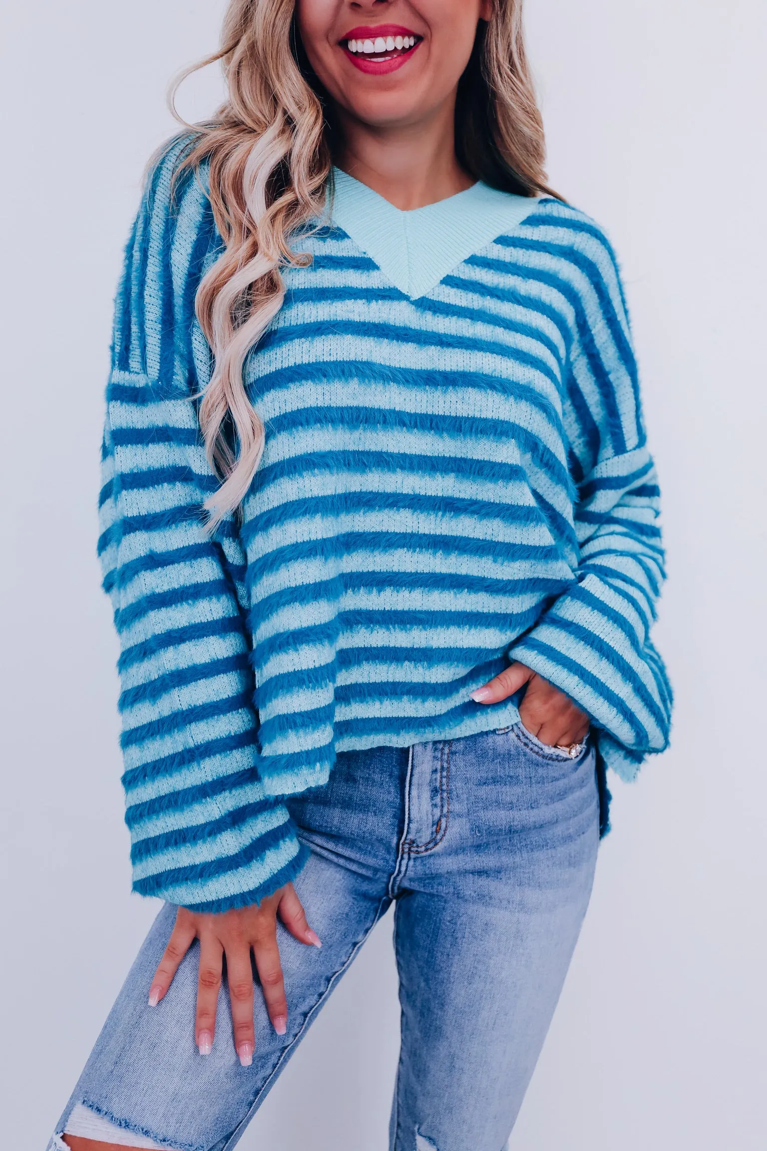 Fantasy Striped Furry V-Neck Sweater - Teal