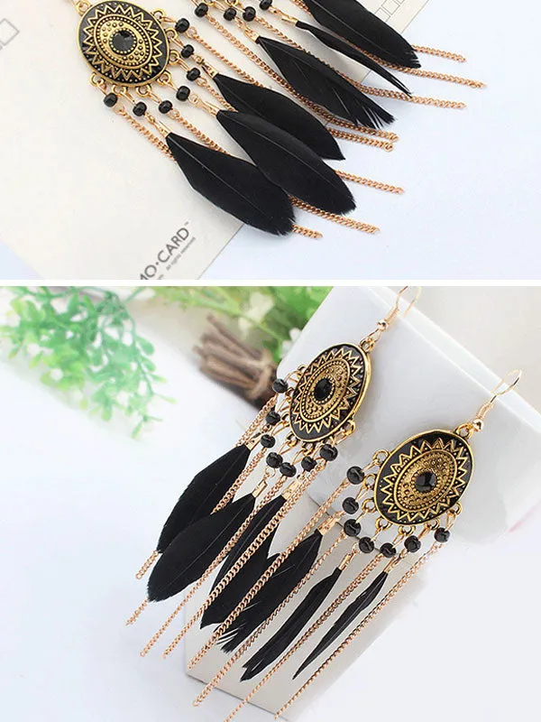 Feather Chain Tassel Long Earrings