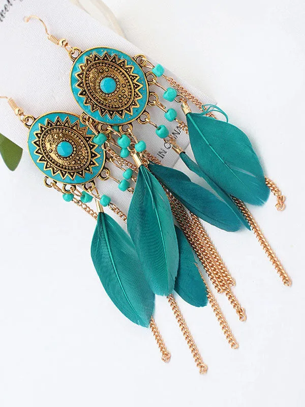 Feather Chain Tassel Long Earrings