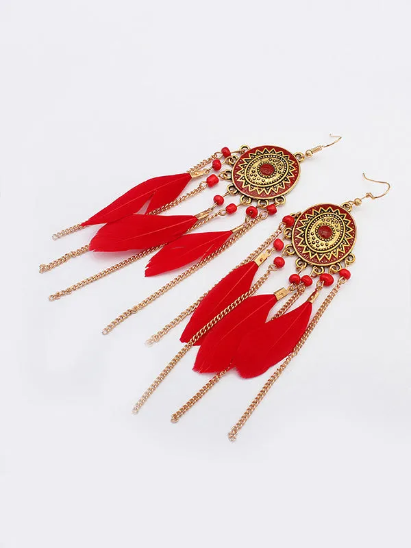 Feather Chain Tassel Long Earrings