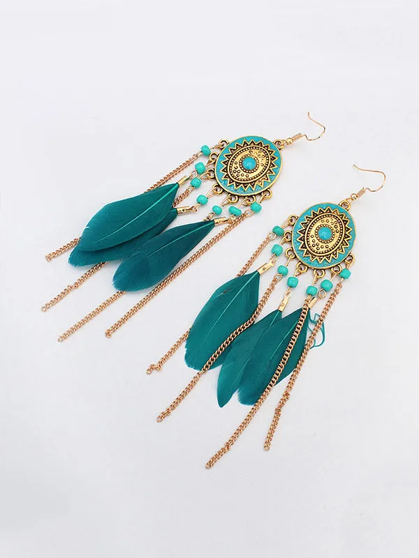 Feather Chain Tassel Long Earrings