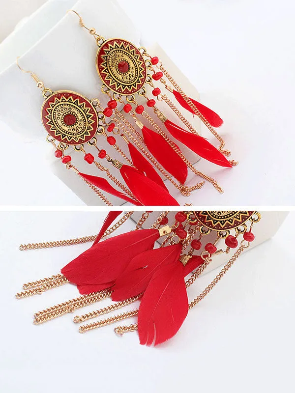 Feather Chain Tassel Long Earrings