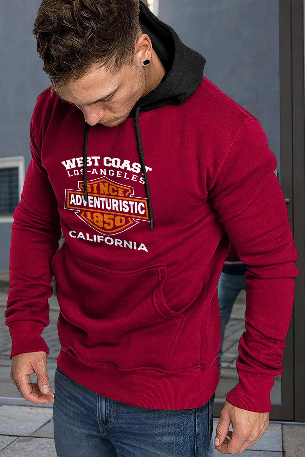 Fiery Red Letter Print Kangaroo Pocket Color Block Men's Hoodie