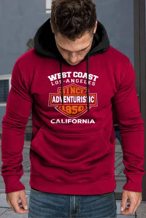 Fiery Red Letter Print Kangaroo Pocket Color Block Men's Hoodie