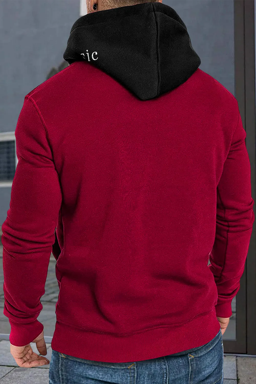 Fiery Red Letter Print Kangaroo Pocket Color Block Men's Hoodie