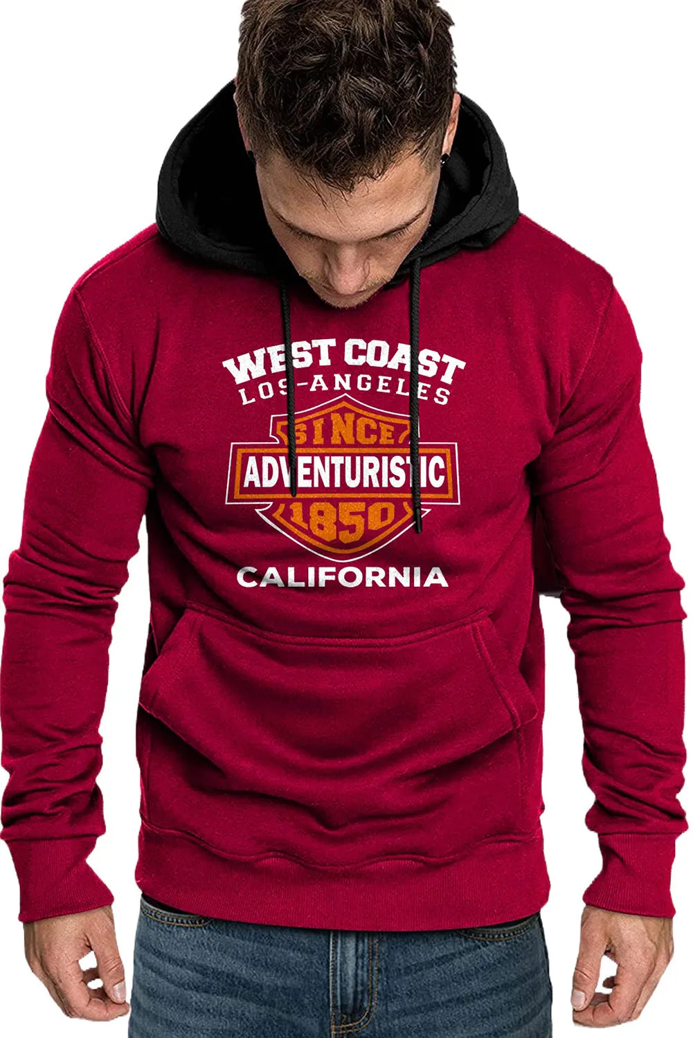 Fiery Red Letter Print Kangaroo Pocket Color Block Men's Hoodie