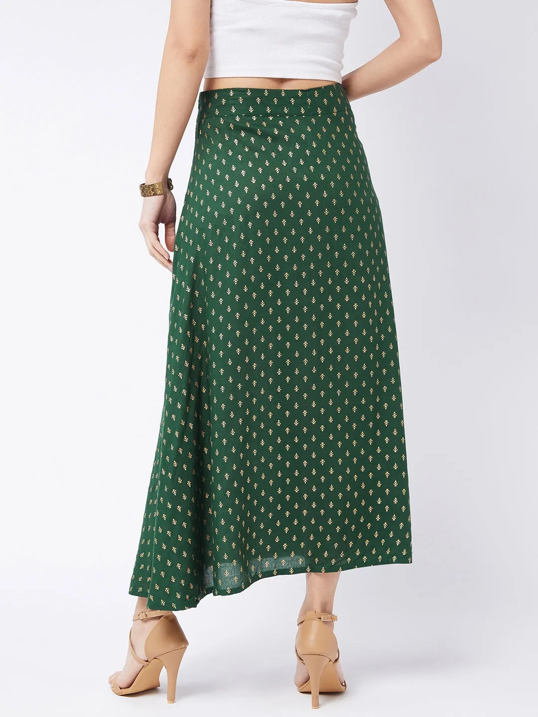 Forest Green Gold Print Long Skirt