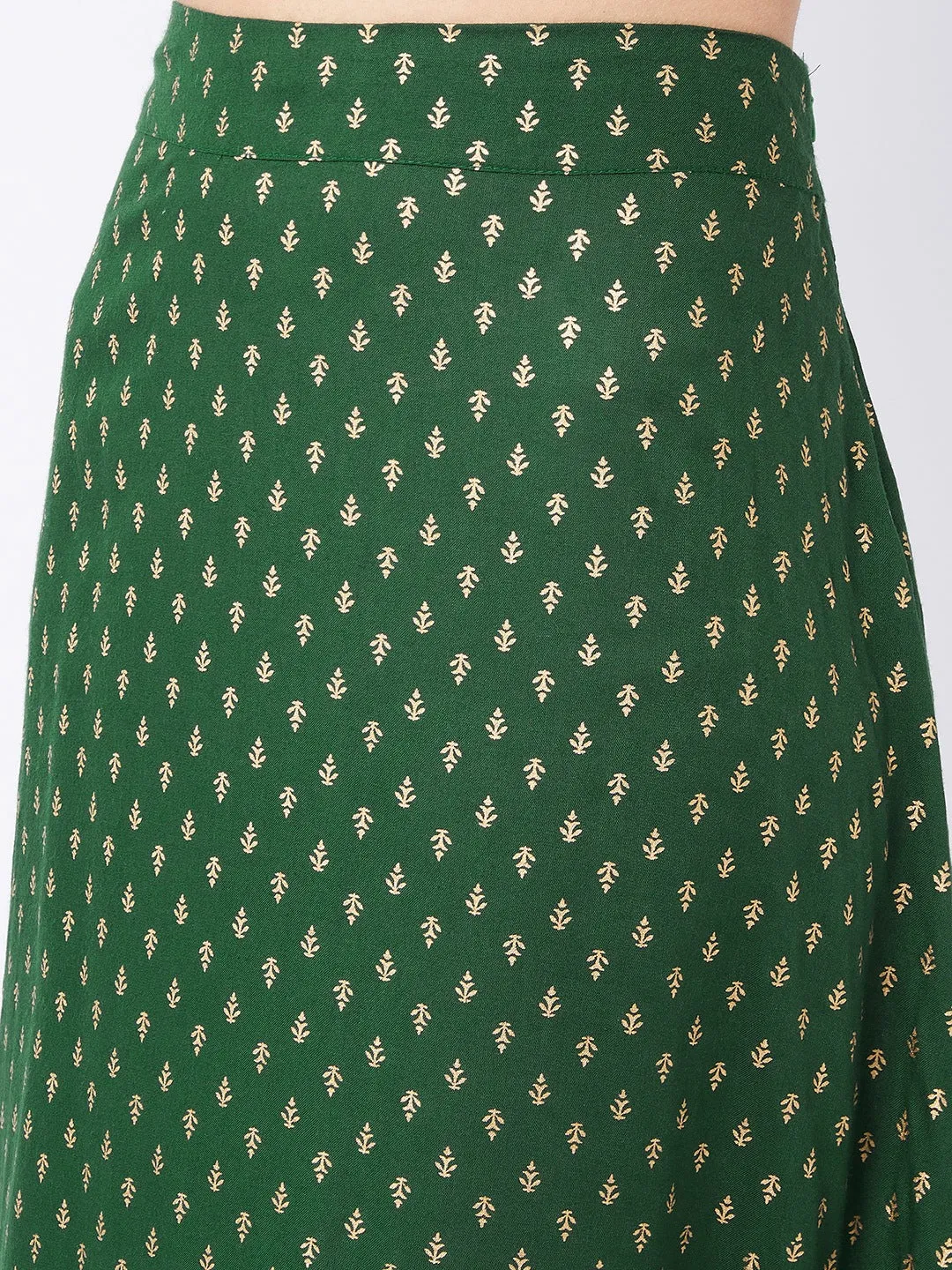 Forest Green Gold Print Long Skirt
