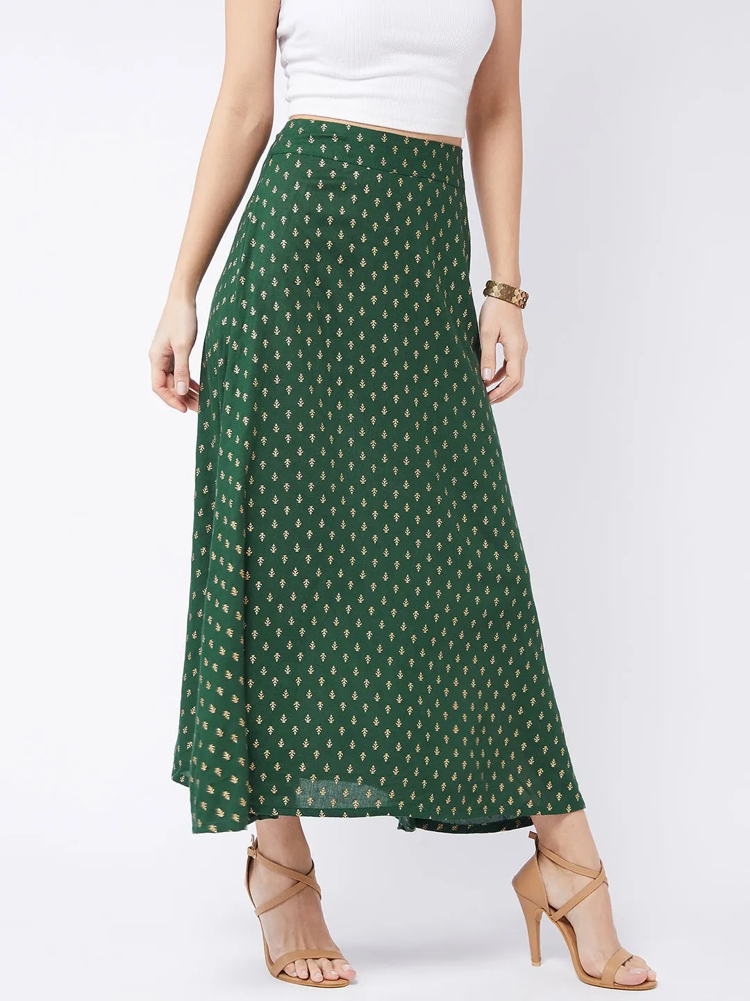 Forest Green Gold Print Long Skirt