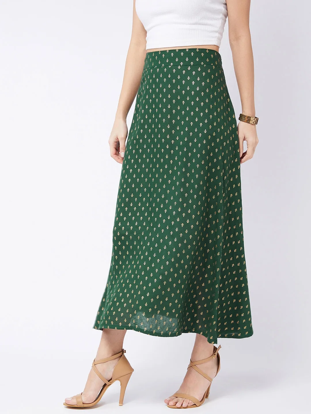 Forest Green Gold Print Long Skirt