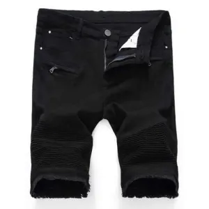 Frayed HemZipper Biker Denim Shorts - Black 33