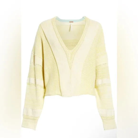 Free People Lemonade Stand V-Neck Open Stitch Pullover Sweater yellow size XS