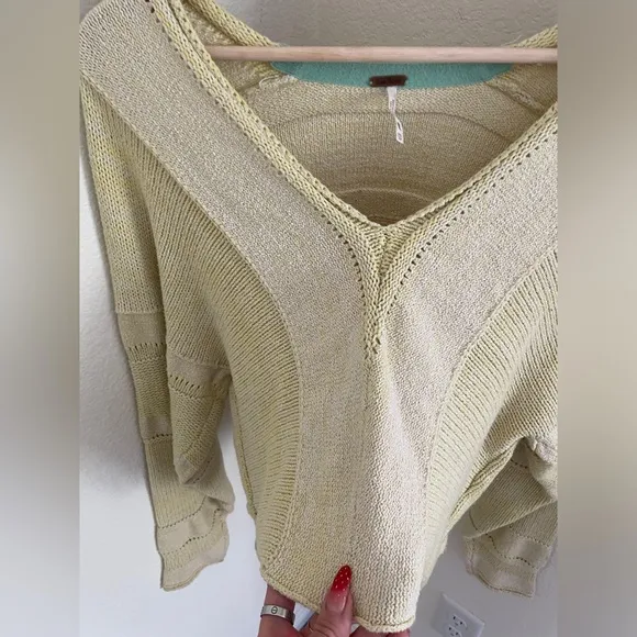 Free People Lemonade Stand V-Neck Open Stitch Pullover Sweater yellow size XS