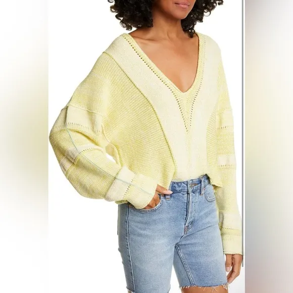 Free People Lemonade Stand V-Neck Open Stitch Pullover Sweater yellow size XS