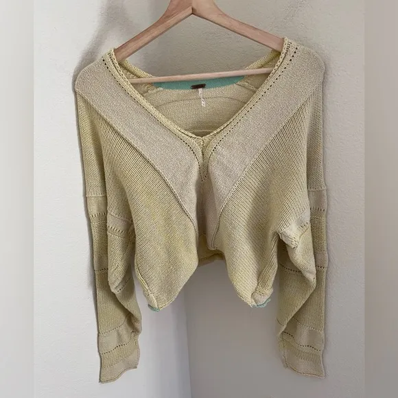 Free People Lemonade Stand V-Neck Open Stitch Pullover Sweater yellow size XS