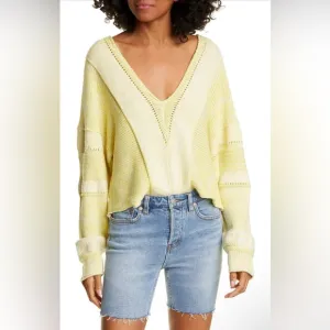 Free People Lemonade Stand V-Neck Open Stitch Pullover Sweater yellow size XS