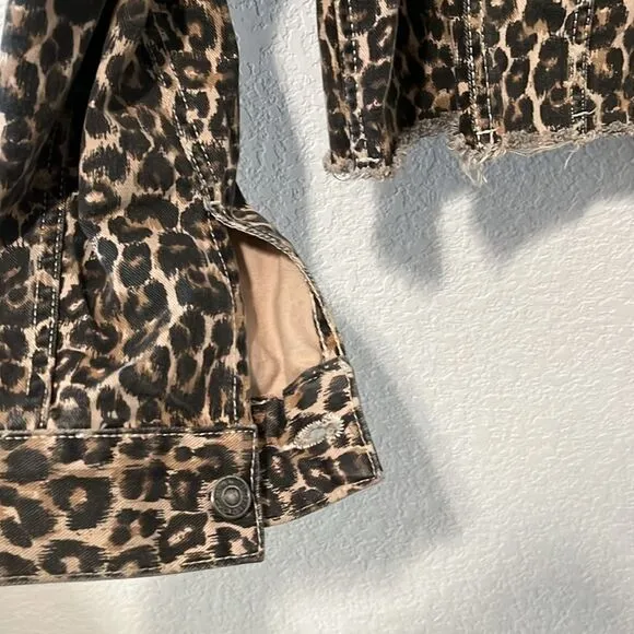 FREE PEOPLE Leopard Print Cropped, Raw Hem Denim Jacket, Size S