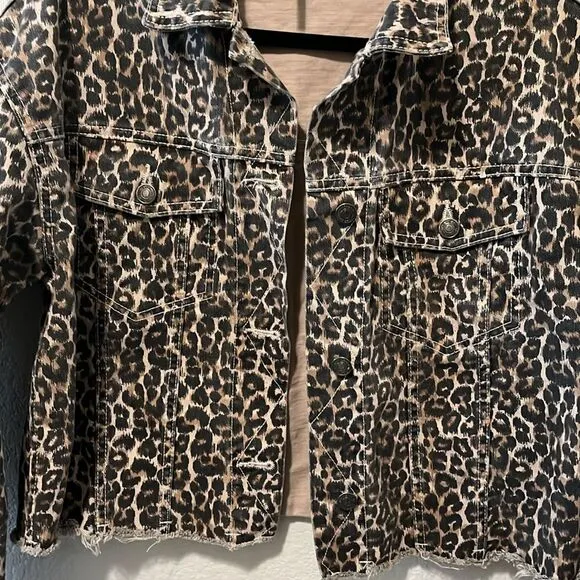 FREE PEOPLE Leopard Print Cropped, Raw Hem Denim Jacket, Size S