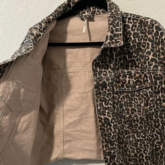 FREE PEOPLE Leopard Print Cropped, Raw Hem Denim Jacket, Size S