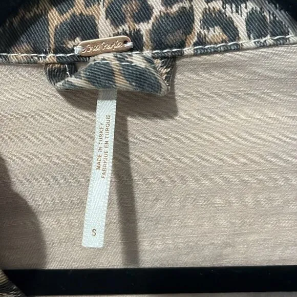 FREE PEOPLE Leopard Print Cropped, Raw Hem Denim Jacket, Size S