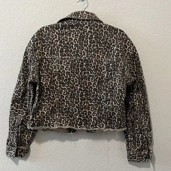 FREE PEOPLE Leopard Print Cropped, Raw Hem Denim Jacket, Size S