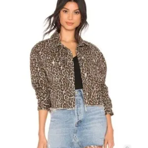 FREE PEOPLE Leopard Print Cropped, Raw Hem Denim Jacket, Size S