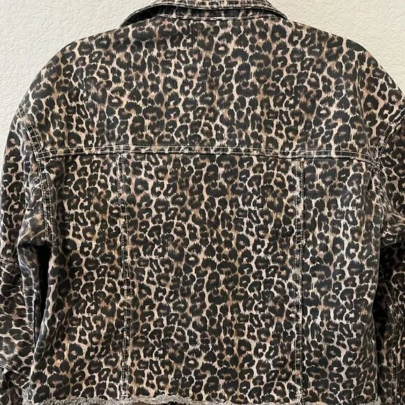 FREE PEOPLE Leopard Print Cropped, Raw Hem Denim Jacket, Size S