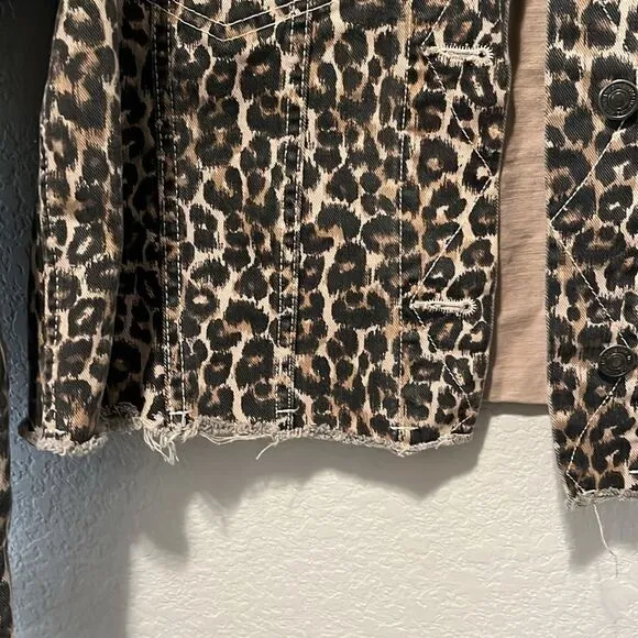 FREE PEOPLE Leopard Print Cropped, Raw Hem Denim Jacket, Size S