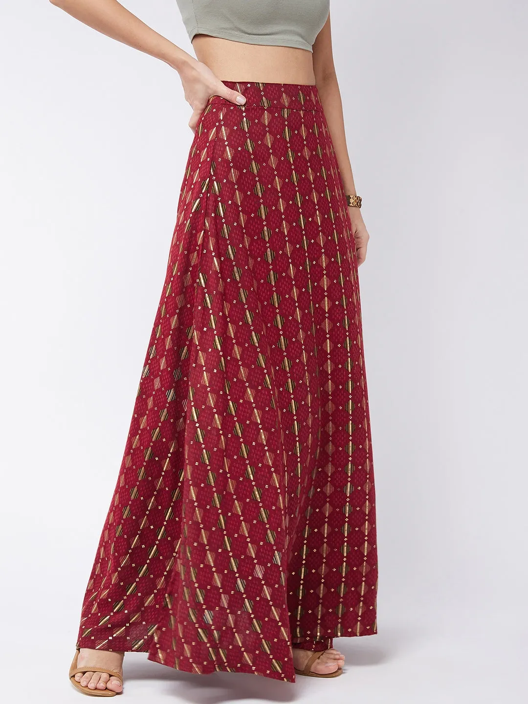 Garnet Red Side Slit Long Skirt