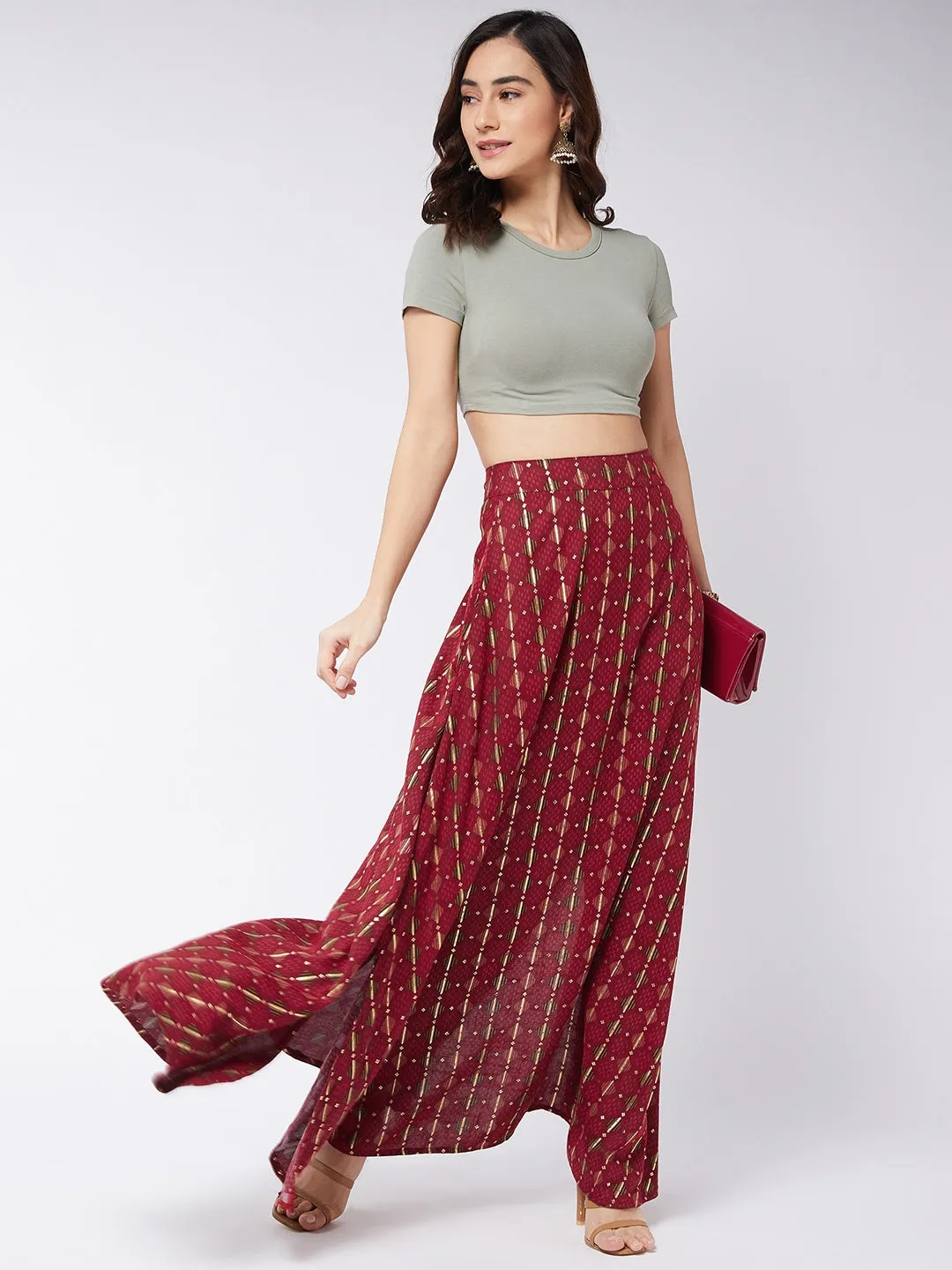 Garnet Red Side Slit Long Skirt