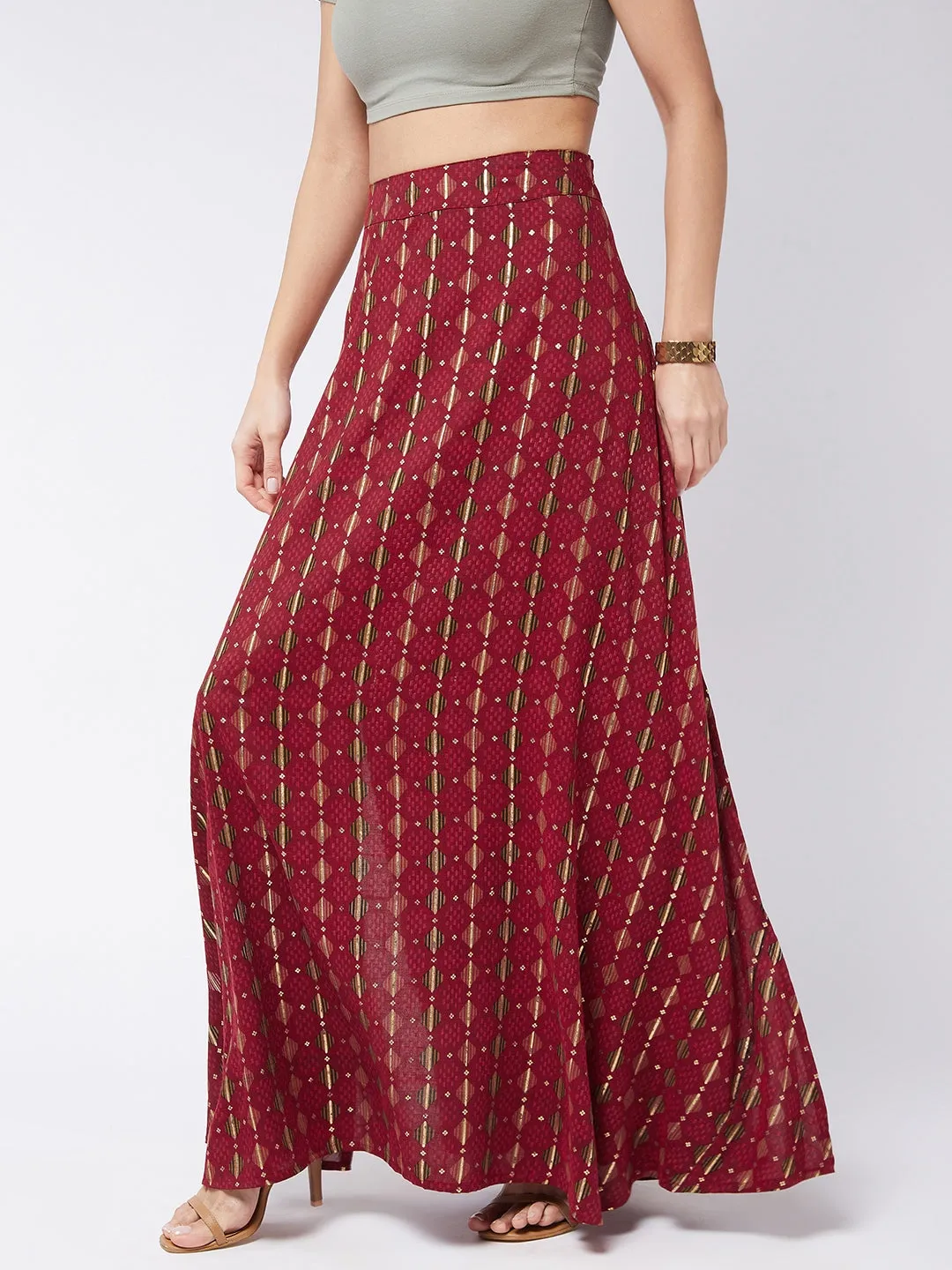Garnet Red Side Slit Long Skirt