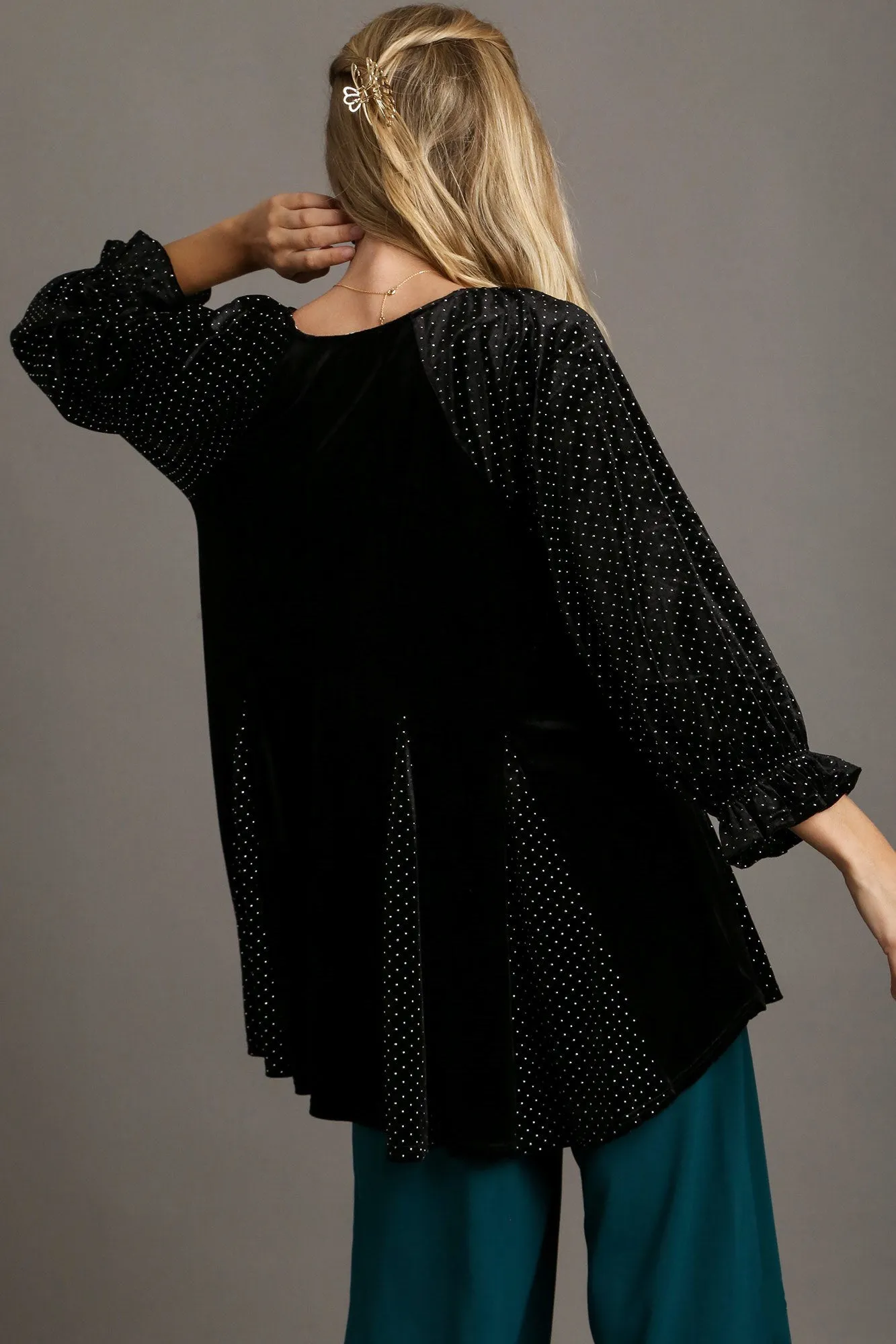 Godet Hem Polka Dot V-Neck Blouse For Women – Polka Dot Charming Trendy Blouse with Flattering V-Neck and Feminine Godet Hemline