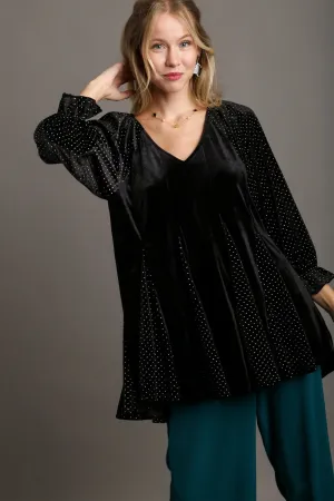 Godet Hem Polka Dot V-Neck Blouse For Women – Polka Dot Charming Trendy Blouse with Flattering V-Neck and Feminine Godet Hemline