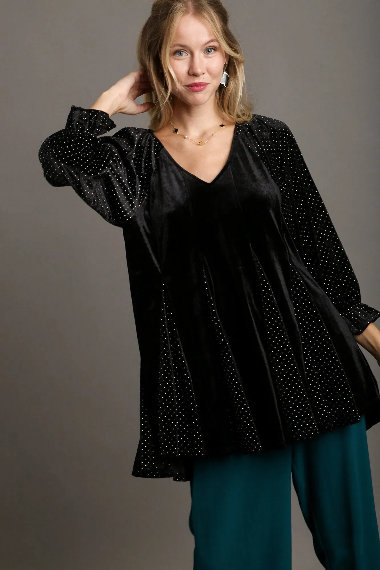 Godet Hem Polka Dot V-Neck Blouse For Women – Polka Dot Charming Trendy Blouse with Flattering V-Neck and Feminine Godet Hemline