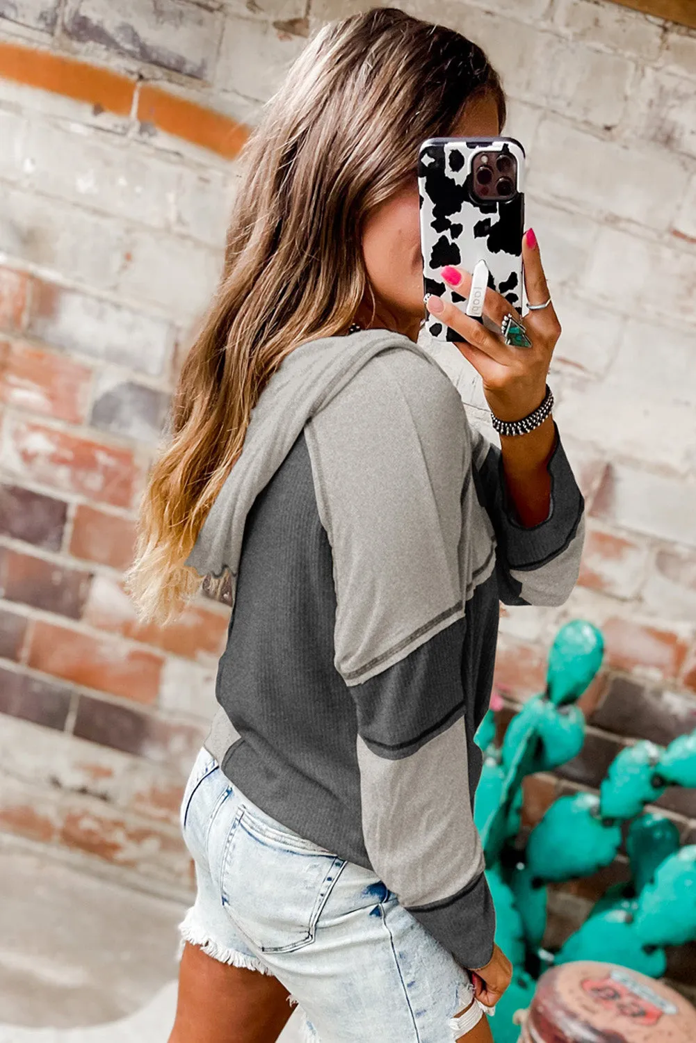 Gray Colorblock Seamed Ribbed Henley Hoodie