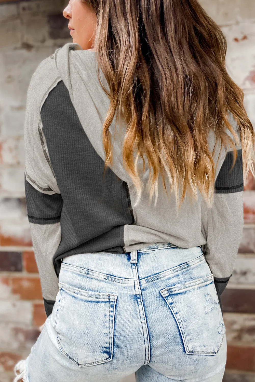 Gray Colorblock Seamed Ribbed Henley Hoodie