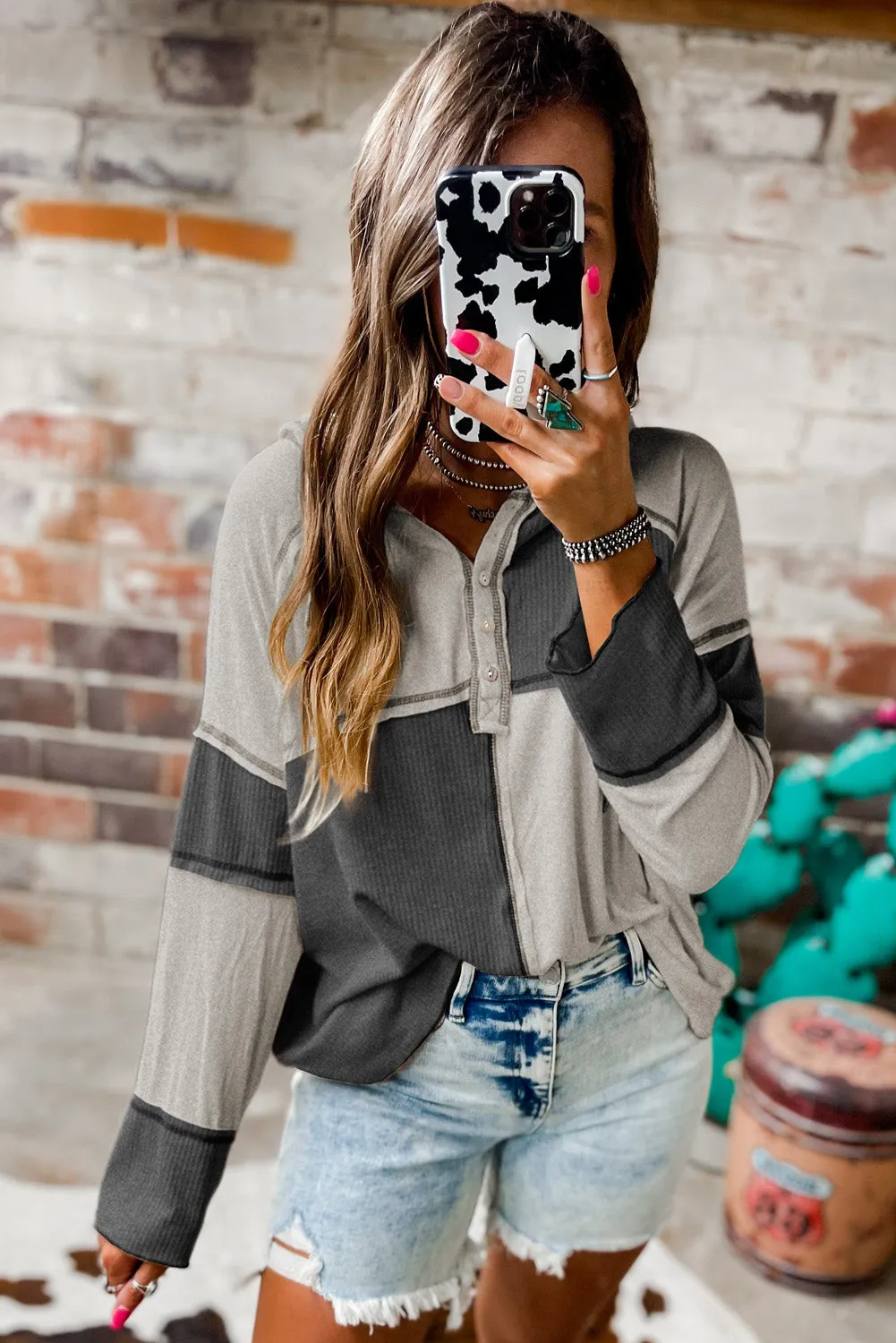 Gray Colorblock Seamed Ribbed Henley Hoodie