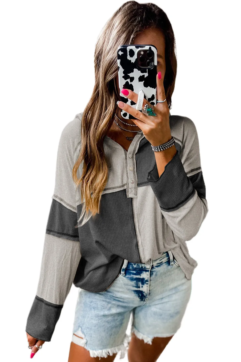 Gray Colorblock Seamed Ribbed Henley Hoodie