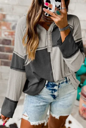 Gray Colorblock Seamed Ribbed Henley Hoodie
