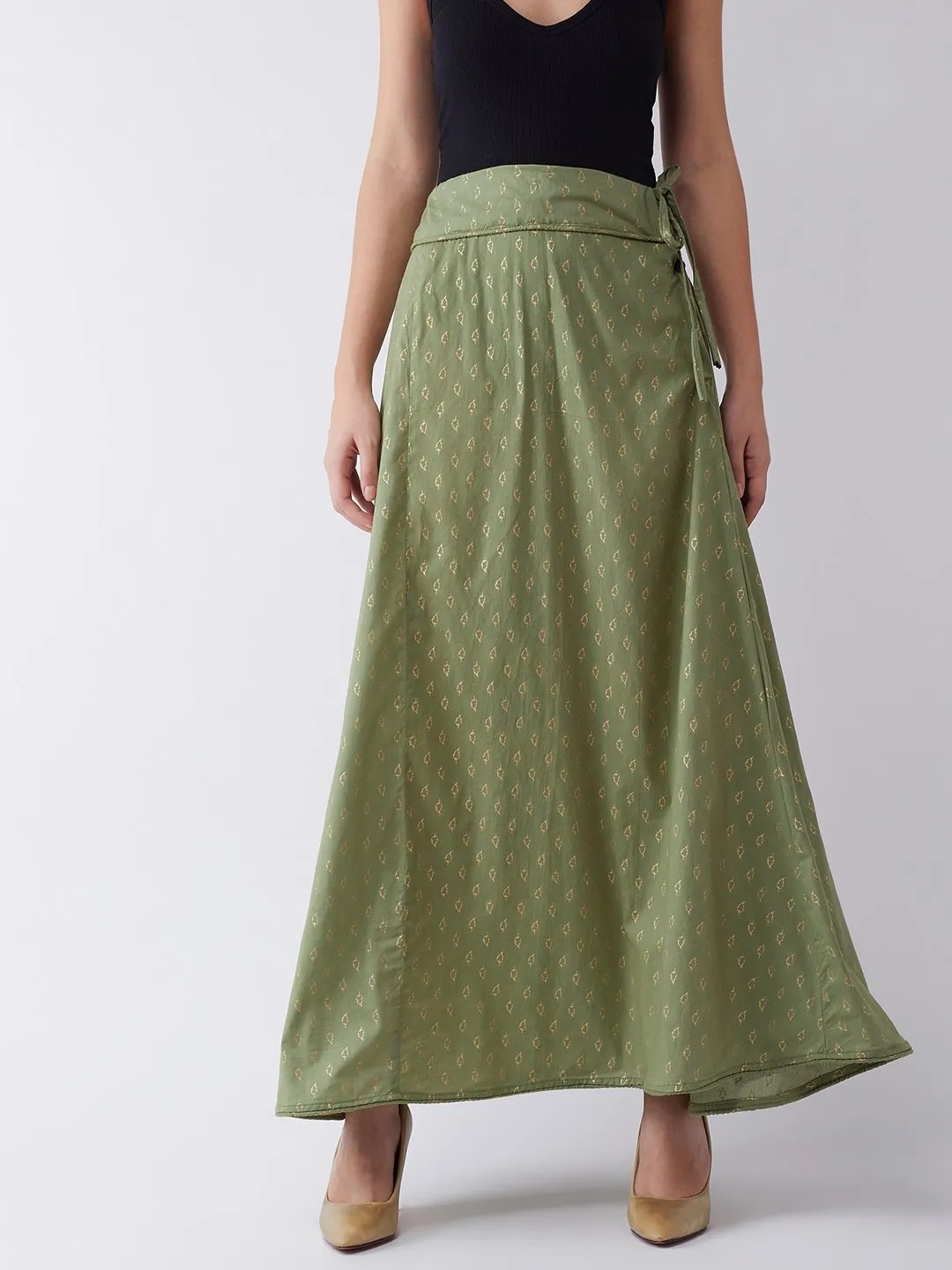 Green Gold Leaf Print Skirt