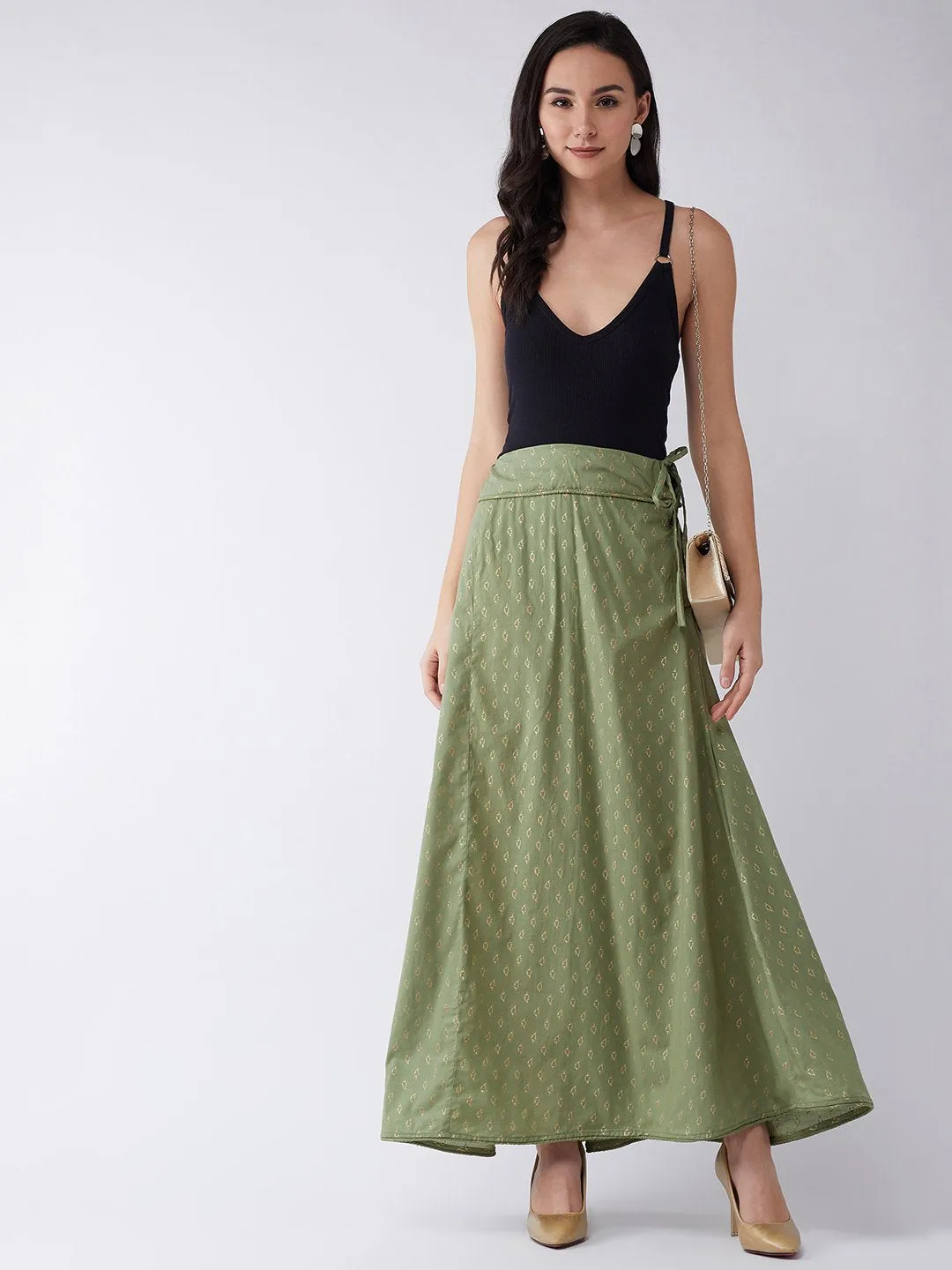 Green Gold Leaf Print Skirt