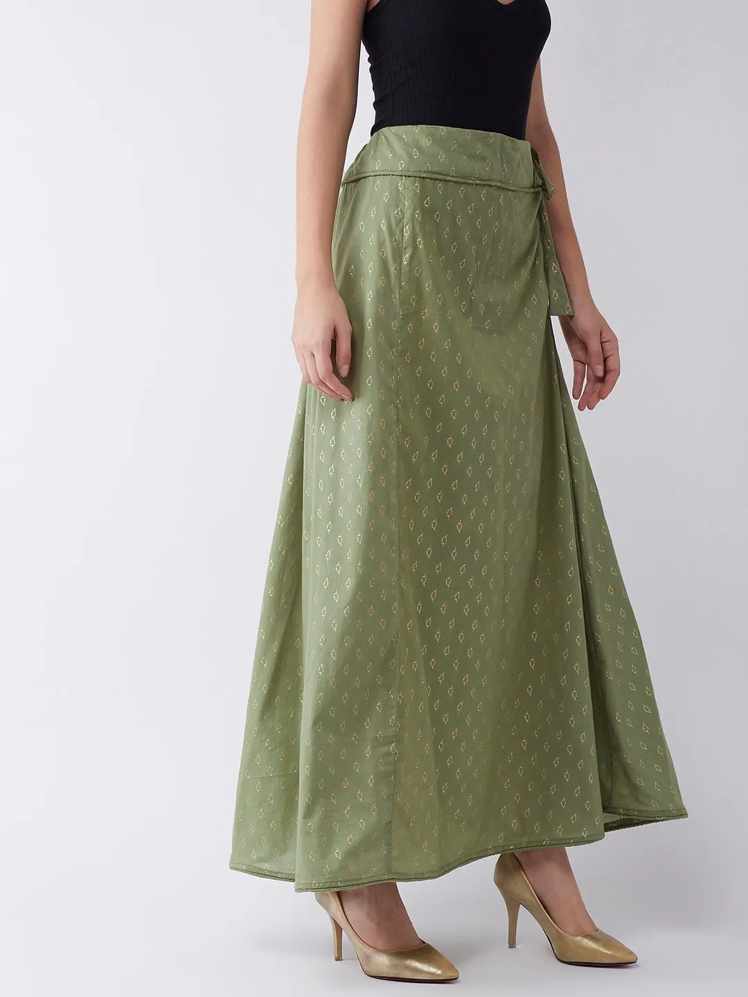 Green Gold Leaf Print Skirt