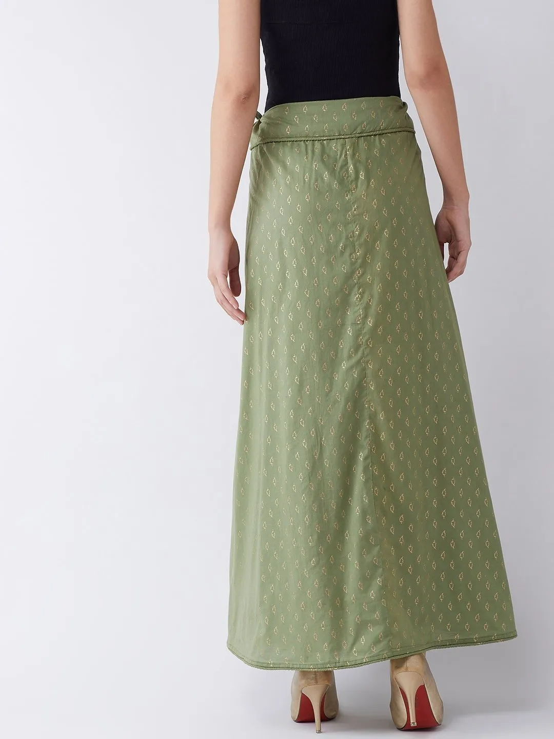 Green Gold Leaf Print Skirt