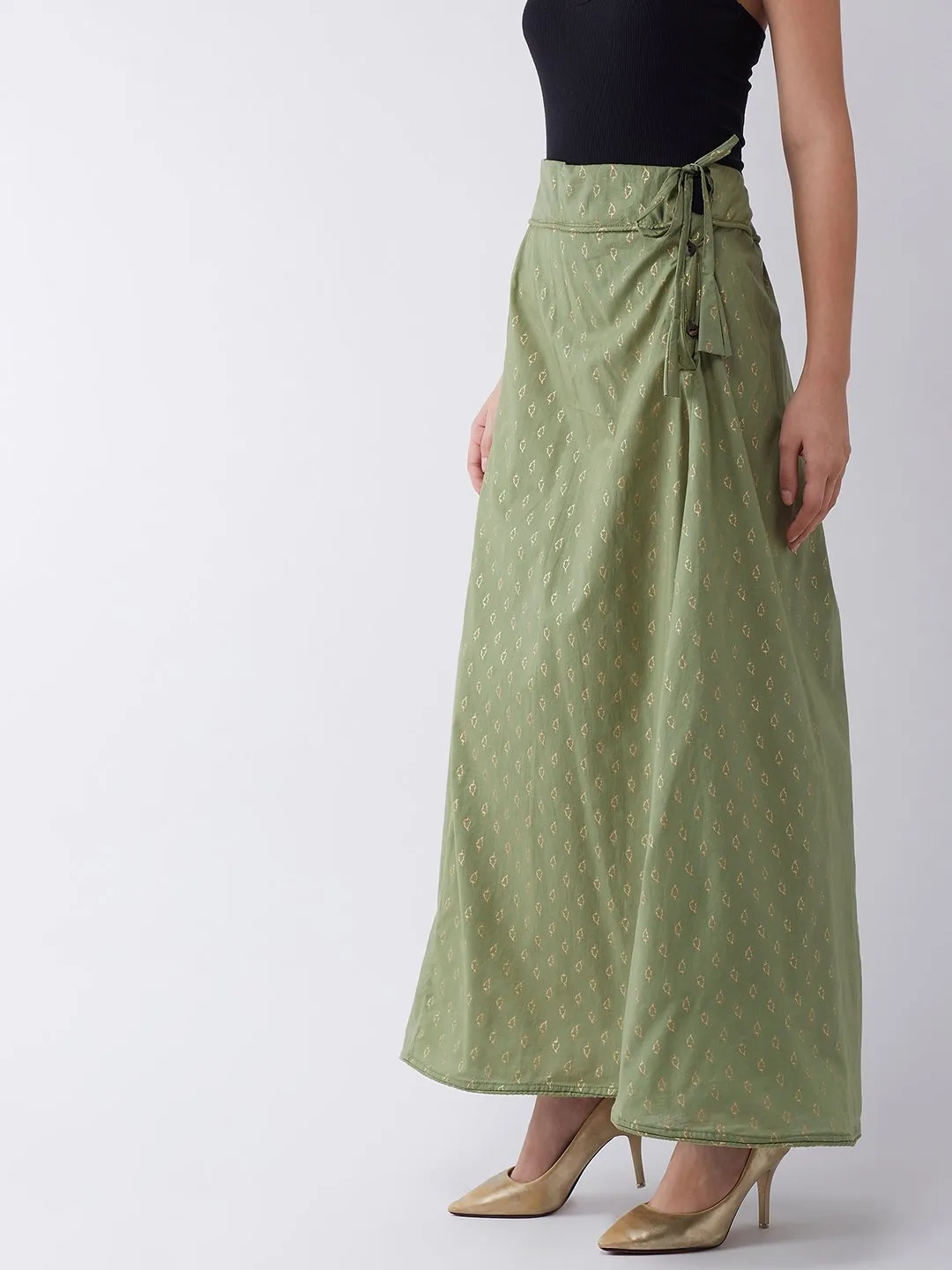 Green Gold Leaf Print Skirt