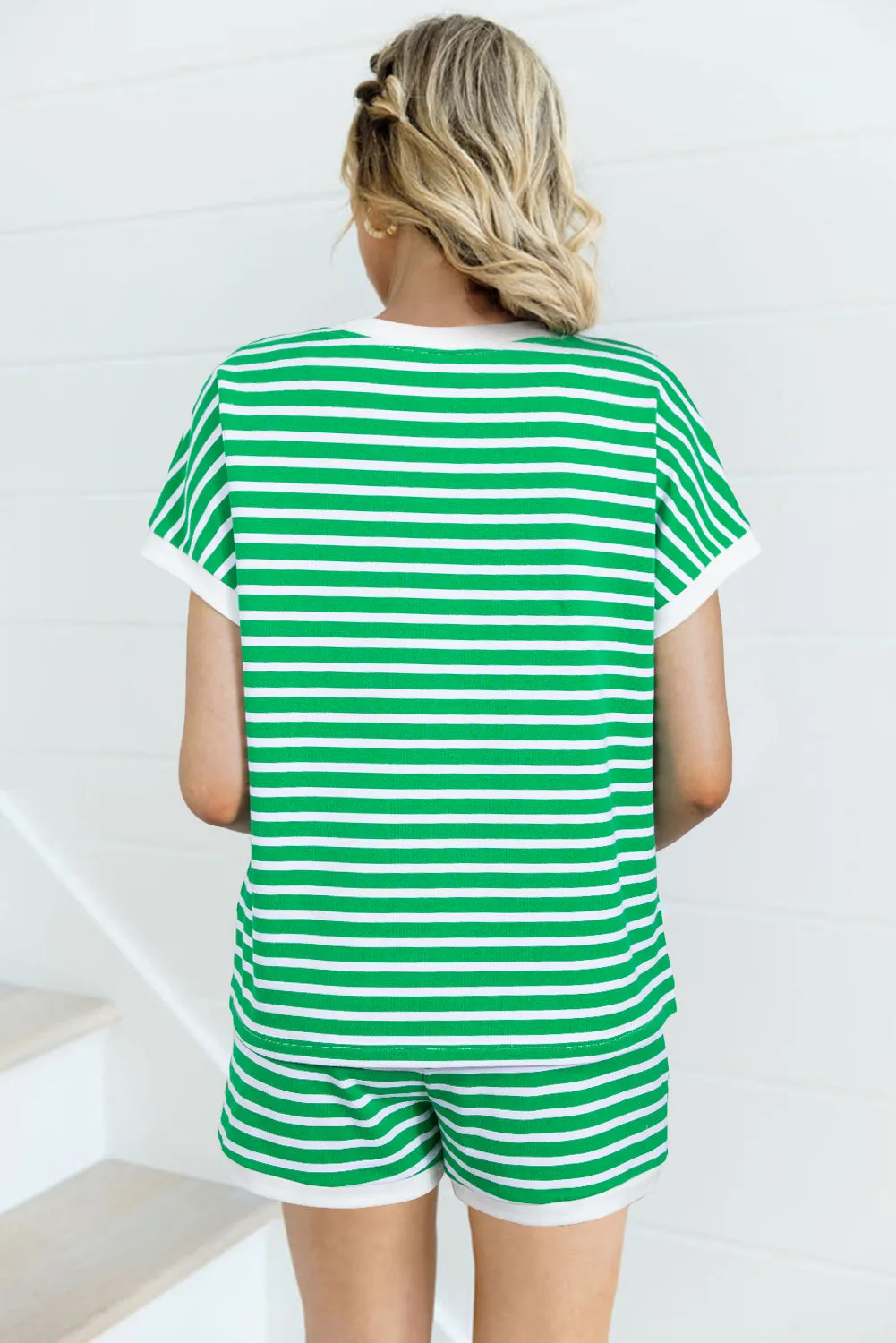 Green Striped Sleeve Tee and Shorts Set