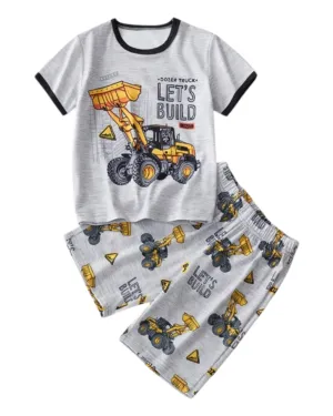 Grey T-Shirt and Shorts Pyjama Set with Bulldozer Design